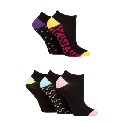 Image of Women&#039;s 5 Pair SOCKSHOP Wildfeet Patterned Bamboo Trainer Socks Soles Black 4 8