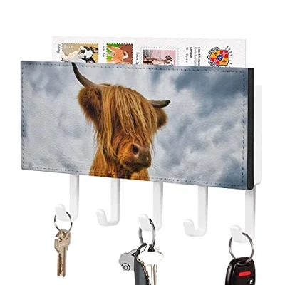 Image of BAIKUTOUAN Highland Cow in The Scottish Highlands Wall Mounted Key Hook Mail Holder Organizer Rack with 5 Hooks Entryway Kitchen Decoration, White style1,One size