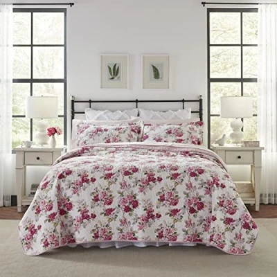 Image of Laura Ashley Quilt Set 100, Reversible, Lightweight &amp; Breathable Bedding, Pre Washed for Added Softness, Cotton, Pink, King