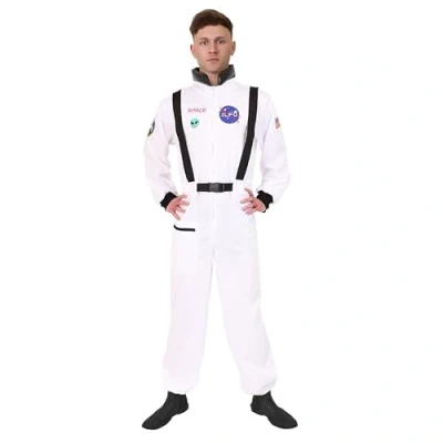 Image of Mens Astronaut Costume Medium White Spacesuit With Decals Adults Space Man Historical Fancy Dress