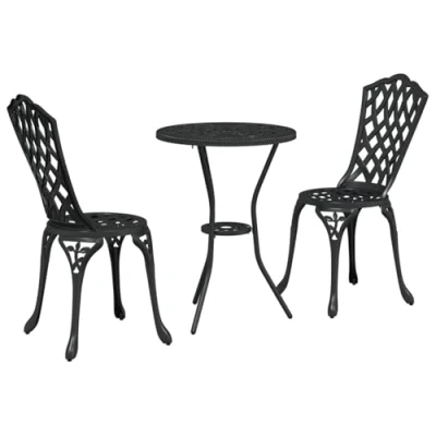 Image of vidaXL black cast iron outdoor dining set circular patio/balcony table and 2 chairs small weather resistant furniture