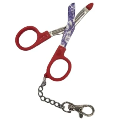 Image of Novelty Nurse Mini Utility Scissors with Clip and Chain Red Handle Purple Paisley Design Blades