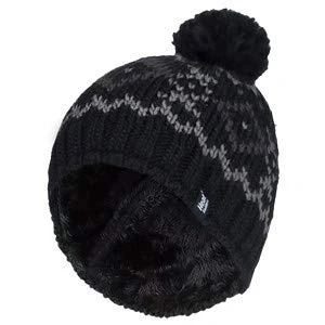 Image of HEAT HOLDERS Mens Chunky Knit Fleece Lined Thermal Winter Warm Beanie Bobble Hat with Pom (One Size, Black/Charcoal)