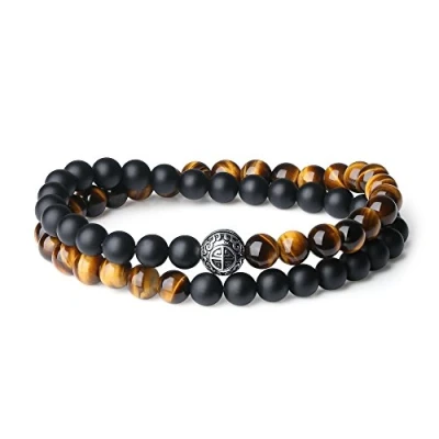 Image of COAI Double Layer 925 Sterling Silver ‘Asia Blessing&#039; Bead Onyx Tigers Eye Stone Bracelet