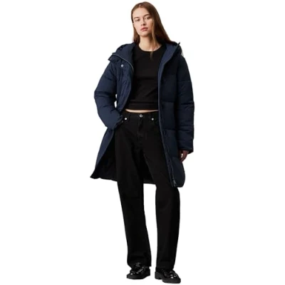Image of Calvin Klein Women’s Long Puffer Coat with Logo Belt, Blue (Ink), M