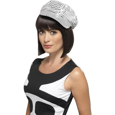 Image of Smiffys Disco Sequin Hat, Silver , 1970&#039;s Fancy Dress, 1970s Dress Up Hats