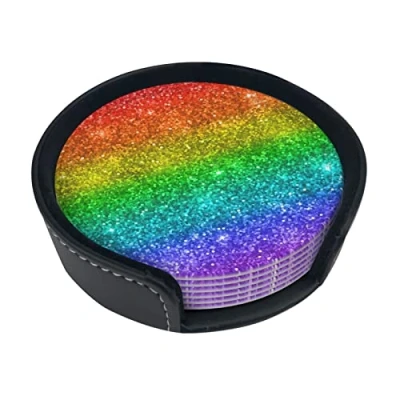 Image of Round Coasters, Multicolor Rainbow Glitter,Mugs Pad Cups Mat Set of 6 Leather Drinks Coasters with Holder