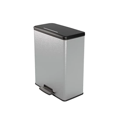 Image of CURVER Metal Effect 100% recycled pedal touch Deco Bin, Metallic Silver, 65 L