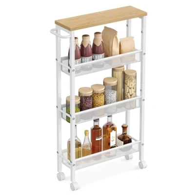 Image of VASAGLE 4 Shelf Trolley, Space Saving Kitchen Cart with Wheels, Steel Frame, Handle, Trolley for Small Spaces, Bathroom Living Room Studio, Oak and White LRC032W09
