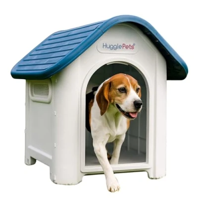 Image of HugglePets Blue Plastic Dog Kennel 87cm Easy Clean Weatherproof Pet House In &amp; Outdoor Animal Shelter