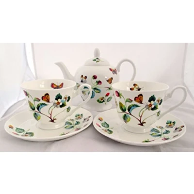Image of Strawberries and Butterflies Tea Set for Two Fine Bone China Hand Decorated in The UK 1 Teapot 2 Cups &amp; Saucer