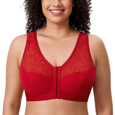 Image of Delimira Women&#039;s Front Fastening Bras Lace Wireless Plus Size Full Coverage Racerback Support Bra Lipstick Red 40C