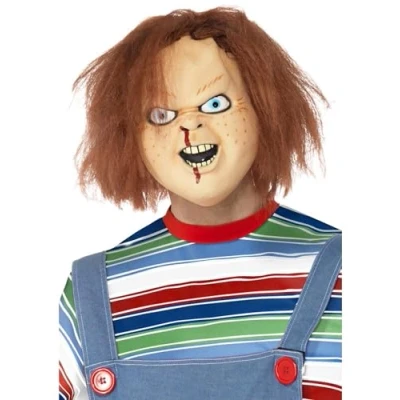 Image of Smiffys Chucky Latex Mask for Adults, Full Overhead with Stitch Detail, Officially Licensed, Scar Detail and Built in Hair, Perfect Halloween Matching Costumes