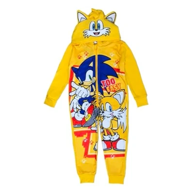 Image of Sonic The Hedgehog, Boys or Girls Hooded Onesie, All in One Pyjamas, Tails Yellow, Age 9 10 Years
