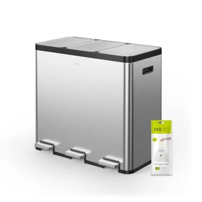 Image of EKO EcoCasa Recycling Bin 20L+20L+20L, Stainless Steel 3 Compartment Rubbish with Individual Pedals for Kitchen Waste Separation, Plastic Inner Buckets and Handles, Soft Closure, Matte Metallic
