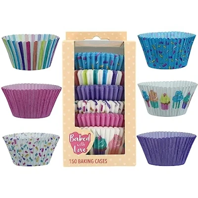 Image of Baked with Love Pastel Cupcake Cases, 50mm Baking Cups, Multicoloured Greaseproof Paper Cases for Muffins and Cupcakes, Pack of 150, 0686971