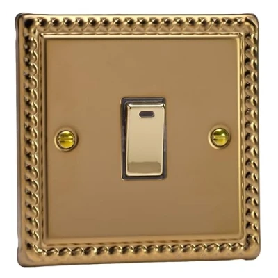 Image of Varilight 1 Gang 20A Double Pole Rocker Light Switch + Neon Indicator with Metal Rockers Georgian Brass XG20ND