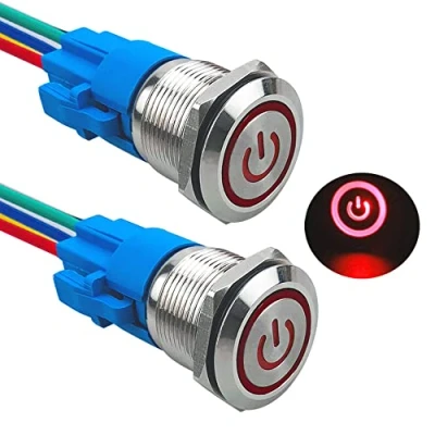 Image of Aiqeer 2 Pcs 19 mm Self Locking Latching Push Button Switch, 12V / 24V 5A Car Ignition Starter IP67 Waterproof Stainless Steel with Pre Wired Socket (Red LED)