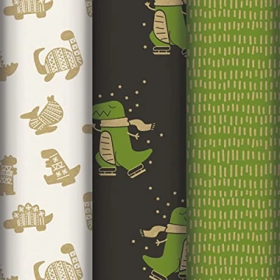 Image of Clairefontaine 223846AMZC A Box of 12 Rolls Gift Wrapping Paper 60g Laid Kraft Dimensions: 2x0.70m Pattern: Kraft, Dinosaur, Green, White, Black Wrapped
