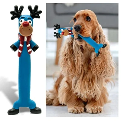 Image of Petopedia 10&quot; Long Squeaky Dog toys LATEX Chew Standing Stick Gifts Reindeer Rudolph Teething Puppy Fetch Interactive for Boredom Small Medium pet (Blue, Rudolph)