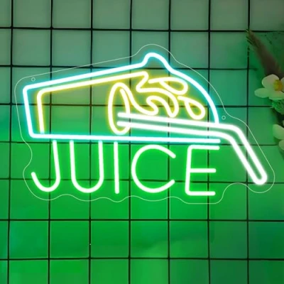 Image of Juice Neon Sign, Green Light Signs, LED Dimmable Up Sign USB Powered for Pub Club Bar Bedroom Man Cave Home Wedding Birthday Party Decor