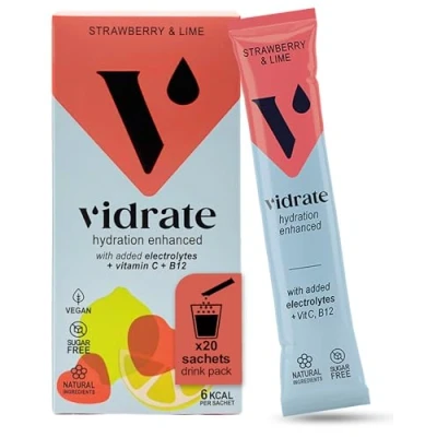 Image of Electrolytes Powder Hydration Sachets Packed with Vitamins Zero Sugar Rehydration Sachet, No Artificial Sweeteners, Preservatives by ViDrate Strawberry &amp; Lime Large Pack, 20
