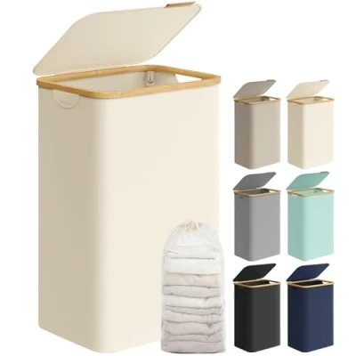 Image of SONGMICS Laundry Basket with Lid, Large Hamper, 90L, Removable Mesh Liner, Oxford Fabric, Bamboo Handles, Collapsible, 42 x 32 70.5 cm, Cream White LCB509W01