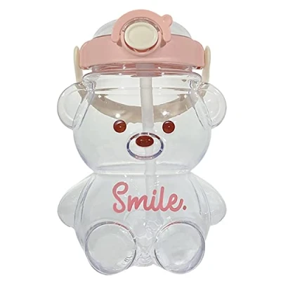 Image of Merrwon Cute Teddy Bear Water Bottle, Kawaii Shaped Bottle with Straw and Stickers Drinks Leak Proof Drinking Shoulder Strap for Girls Travel School 1.4L