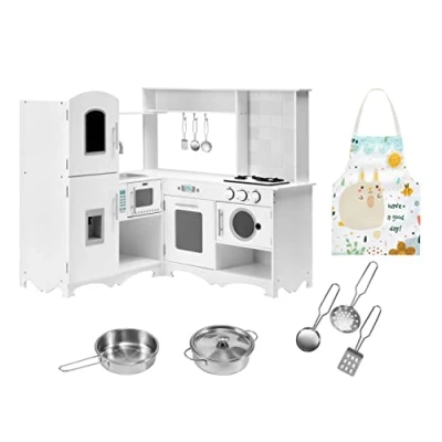 Image of Mamabrum Baby Toys Play Corner Kitchen Wooden Kids Toys, Role Accessories Included Pretend Toy for Little Chef Playset, White