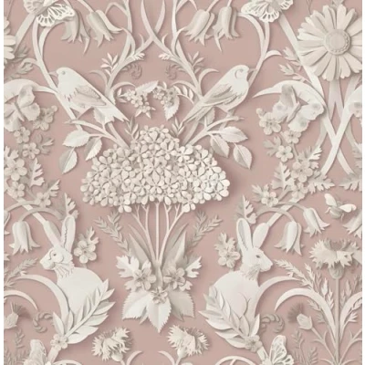 Image of Fine Decor Dimensions Woodland 3D Effect Design Cute Animals, Rabbits, Bees, Birds and Leafs in a Soft Light Pink Tone Wallpaper Perfect for Nursery, Kids Bedroom Feature Walls (FD43607)