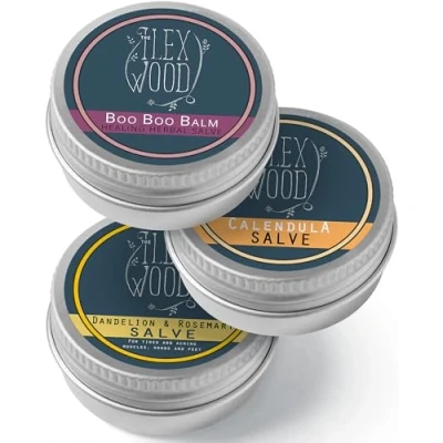 Image of The Ilex Wood Vegan Herbal Salve Gift Set 100% Natural Handmade, Cruelty &amp; Plastic Free. Skin irritation, scrapes, bites, stings soothes rashes, itching, dry skin, eczema, chapped hands. 3 x 100ml
