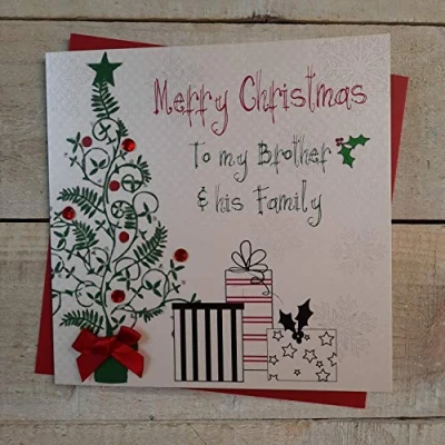 Image of White Cotton Cards Merry Brother &amp; His Family Handmade Christmas Card (Tree Presents Code fp45)