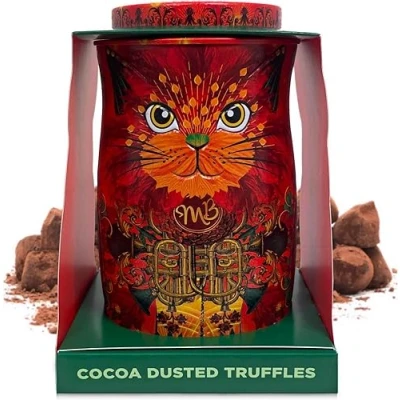 Image of Monty Bojangles Fire Dancer Cocoa Dusted Truffles Cat Tin (135g) Orange Angelic Flavoured Luxury Chocolatey Collectable Chocolate Gift With Bespoke Design