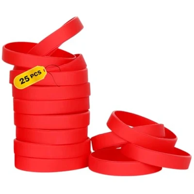 Image of 25PCS Silicone Bracelets Wristbands,Blank Rubber Wristbands Elastic Universal Wholesale Bracelet bands bulk for Adults Men Women Red