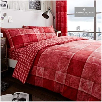 Image of Gaveno Cavailia Contemporary Gingham Style Duvet Cover Quilt Bed Set With Pillow Case, Reversible, Poly Cotton, Denim Check Red, Double Size Bedding