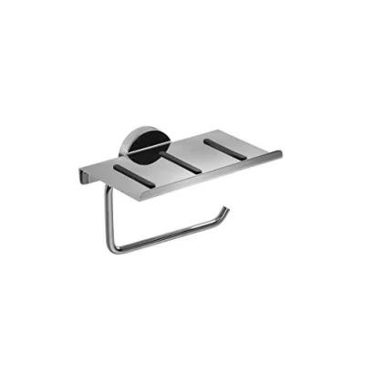 Image of Croydex Pendle Toilet Roll Holder with Anti Slip Shelf, Chrome Holder, No Drill Installation Screw or Glue, Matching Bathroom Accessories, All Fixings Included 15.5 x 10.6 11.7cm