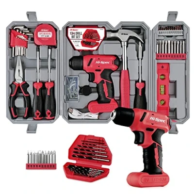 Image of Hi Spec 57pc Red 8V Electric Drill Set &amp; Household Tool Kit Hand DIY Tools, Cordless Power Screwdriver, Essential Tools Bit Sets for Home Repair Projects