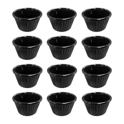 Image of Chabrias Pack of 12 Fluted Traditional Melamine Ramekins Condiment Pots, Sauce Ramekins, Dip Bowls, Tough Plastic Made in England (Black 2oz)