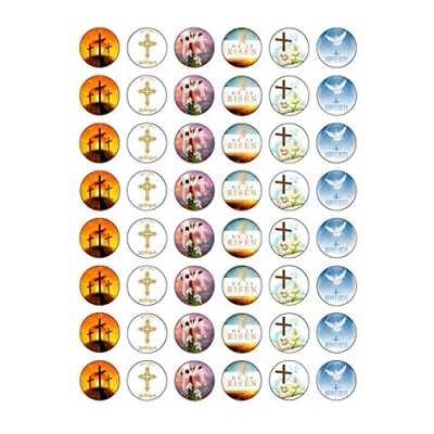 Image of 48 Religious Christian Easter Themed Edible Wafer Paper Round Cake Toppers Decorations