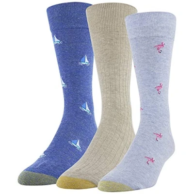 Image of GOLDTOE Men&#039;s Timeless Classics Crew Socks, 3 Pairs, Chambrey Flamingo/Oatmeal Heather Rib/Royal Sailboats, Large (Pack of 3)
