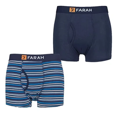 Image of Mens 2 Pack Farah Plain and Striped Cotton Classic Keyhole Trunks Navy / Blue S