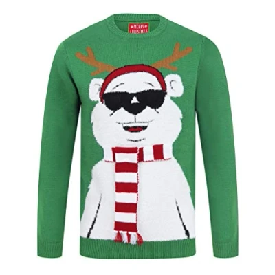 Image of Tokyo Laundry Cool Polar Bear Crew Neck Christmas Jumper Green Merry S