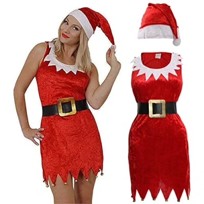 Image of LADIES SANTA DRESS FANCY COSTUME RED VELOUR WITH WHITE DETAILING + HAT MRS CLAUS FATHER CHRISTMAS WIFE SEXY XMAS OUTFIT SIZE: LARGE