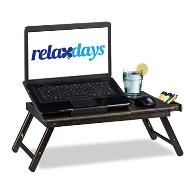 Image of Relaxdays Bamboo Laptop Table, HWD: 24x60x35cm, Height Adjustable Stand for Bed and Couch, With Drawer, Brown