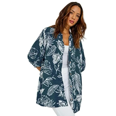 Image of Roman Originals Shirt for Women UK Ladies Button Through Blouse Long Sleeve Top Spring Everyday Summer Evening Vacation Work Holiday Smart Casual Teal White Size 10