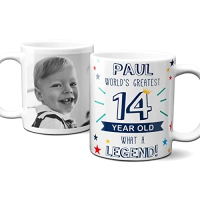 Image of Personalised World’s Greatest Age 14 Mug, 14th Birthday, Photo mug for year old boy, cup gift old. Add Name and