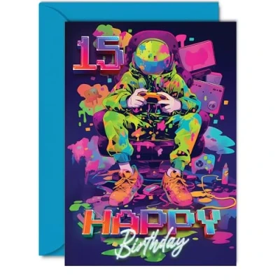 Image of 15th Birthday Cards for Girls Boys Video Gamer Game Happy 15 Card Son Daughter Nephew Niece Grandson, 5x7 Inch Fifteen Fifteenth Bday Greeting
