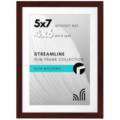 Image of Americanflat 7x5 Photo Frame in Mahogany Colour Thin Border 6x4 with Mount or Without Picture Shatter Resistant Glass and Easel for Wall Tabletop Display