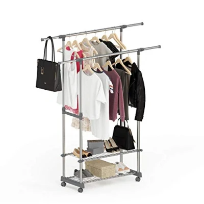 Image of stardis Clothes Rack on Wheels with Shelves Extendable Height Adjustable Double Stainless Steel Rail Grey Sturdy Heavy Duty Coat Stand Trolley W 90 153 x D 42 H 95 170cm