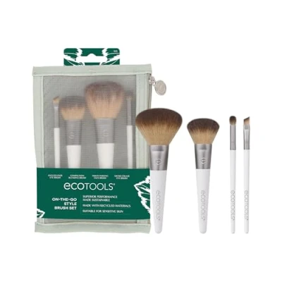 Image of EcoTools On The Go Makeup Brush Kit, Travel Friendly Set, Mini Size Tools for Powders, Blush, Bronzer, &amp; Eyeshadows, Eco Friendly, Synthetic Bristles, Cruelty Free Vegan, 5 Piece Set